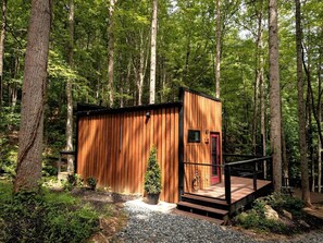 A wooden cabin with a red door, surrounded by trees, and a small deck with steps leading up to it. - Creekside Glass Suite - Unit 2 (Pet Friendly) (Mars Hill)