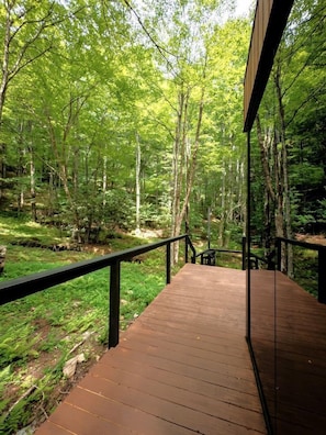 A wooden deck with a metal railing overlooking a forested area.