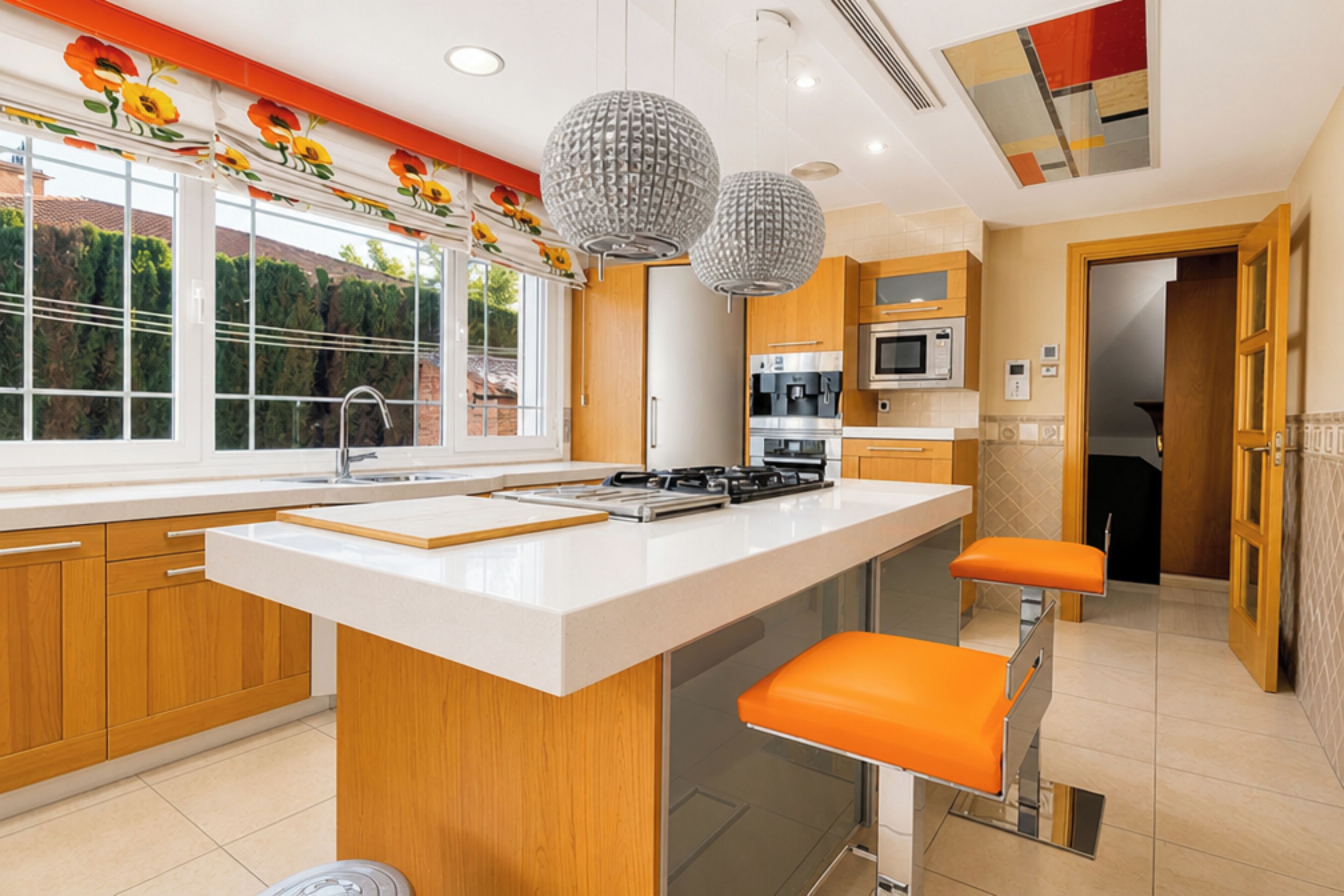 A modern kitchen with a central island, wooden cabinets, a stainless steel oven, and a large window with a view of greenery.