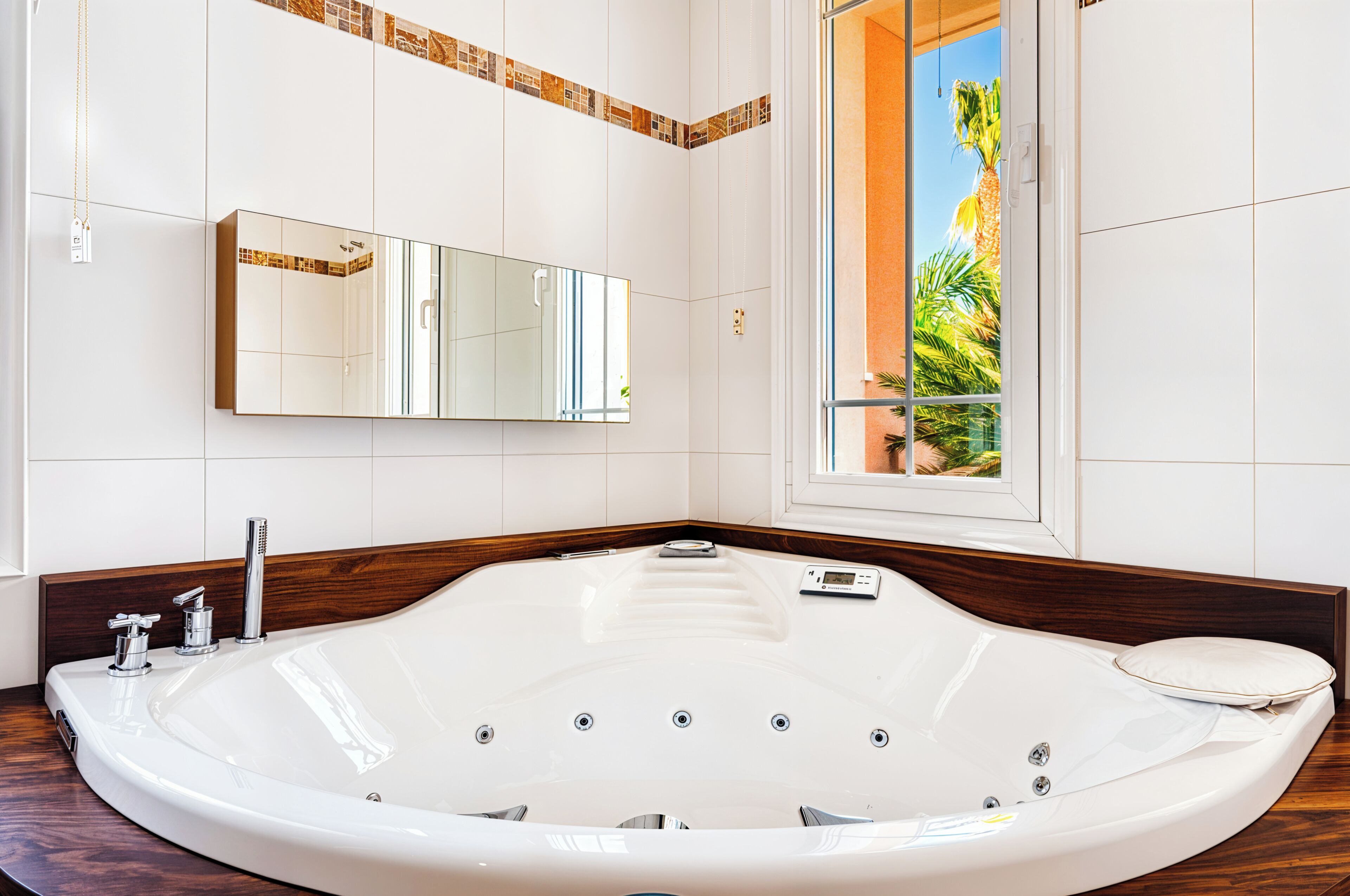 A modern bathroom with a large bathtub, a mirror, and a window with a view of palm trees.