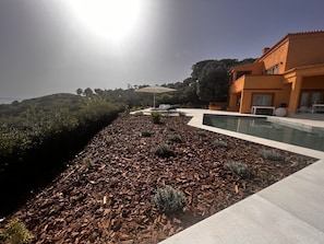 Un área de piscina moderna con vista despejada al océano, rodeada por un jardín ajardinado con acolchado y plantas pequeñas.