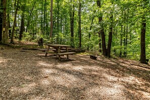 Ein bewaldetes Gebiet mit einem Holztisch und Picknickplatz, umgeben von Bäumen.