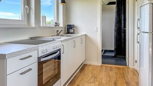 A compact kitchen with a stove, oven, sink, and a coffee maker. - Gorgeous apartment in Fur with house sea view (Fur)