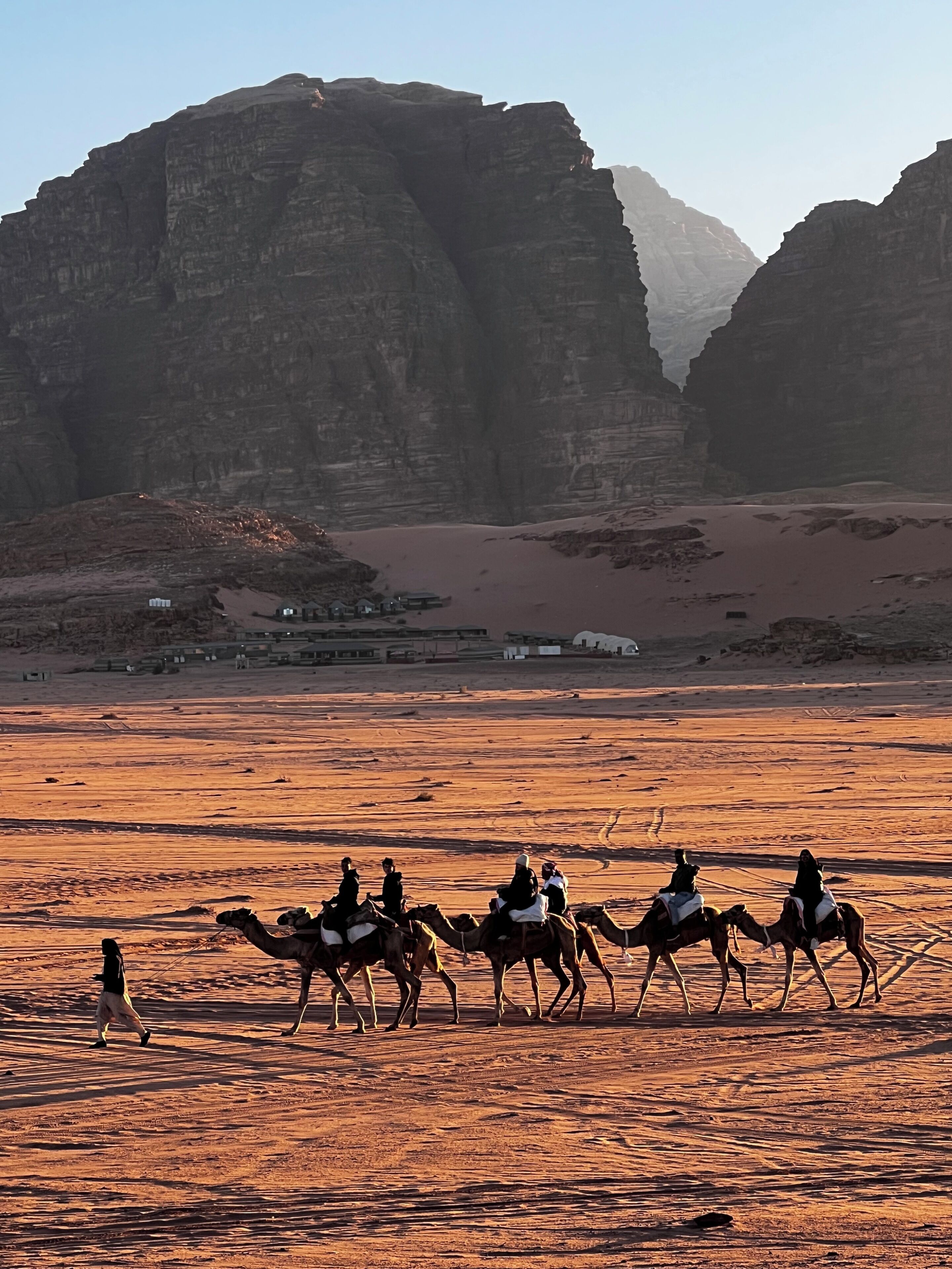 Paisaje desértico con formaciones rocosas y camellos.