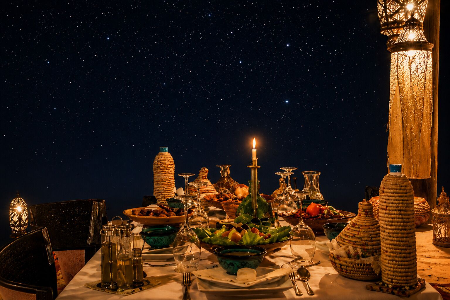 Une table dressée pour le dîner, avec différents plats, des verres et une bougie, sous un ciel étoilé.