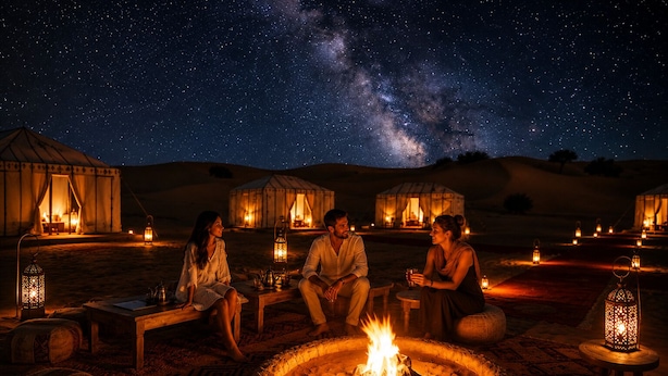 A desert camp with yurts, a central fire pit, and starry night sky. - Sultan Luxury Camp  (Merzouga)