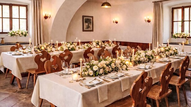 Een feestzaal met lange tafels, houten stoelen en bloemrijke decoraties.
