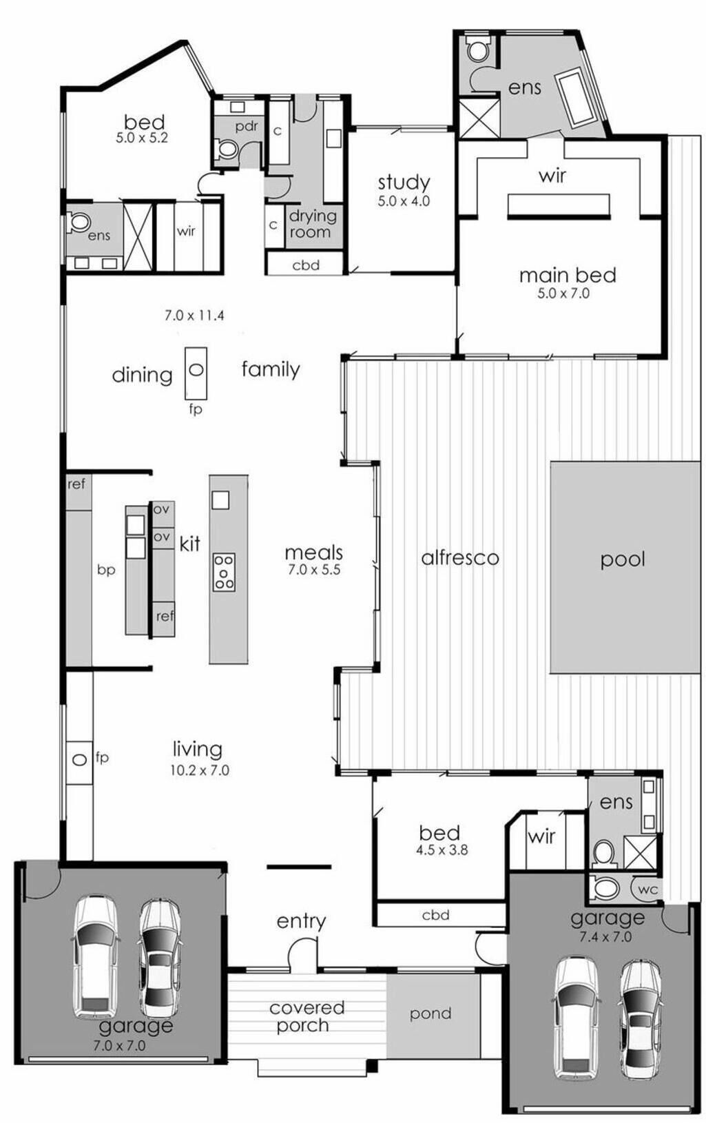 A floor plan with a main bedroom, study, dining, family room, living area, kitchen, covered porch, garage, and pool.