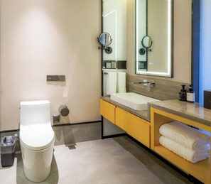 Hair dryer, slippers, towels, shampoo