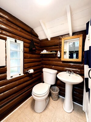 Une petite salle de bain en bois, comprenant des toilettes, un lavabo et un miroir.