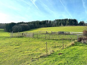 A fenced field with a wooden structure, trees in the background, and a clear sky. - Apartment in Gerolstein-mullenborn (Gerolstein)