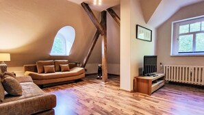 Una habitación estilo loft con piso de madera, un sofá, un televisor y una ventana.