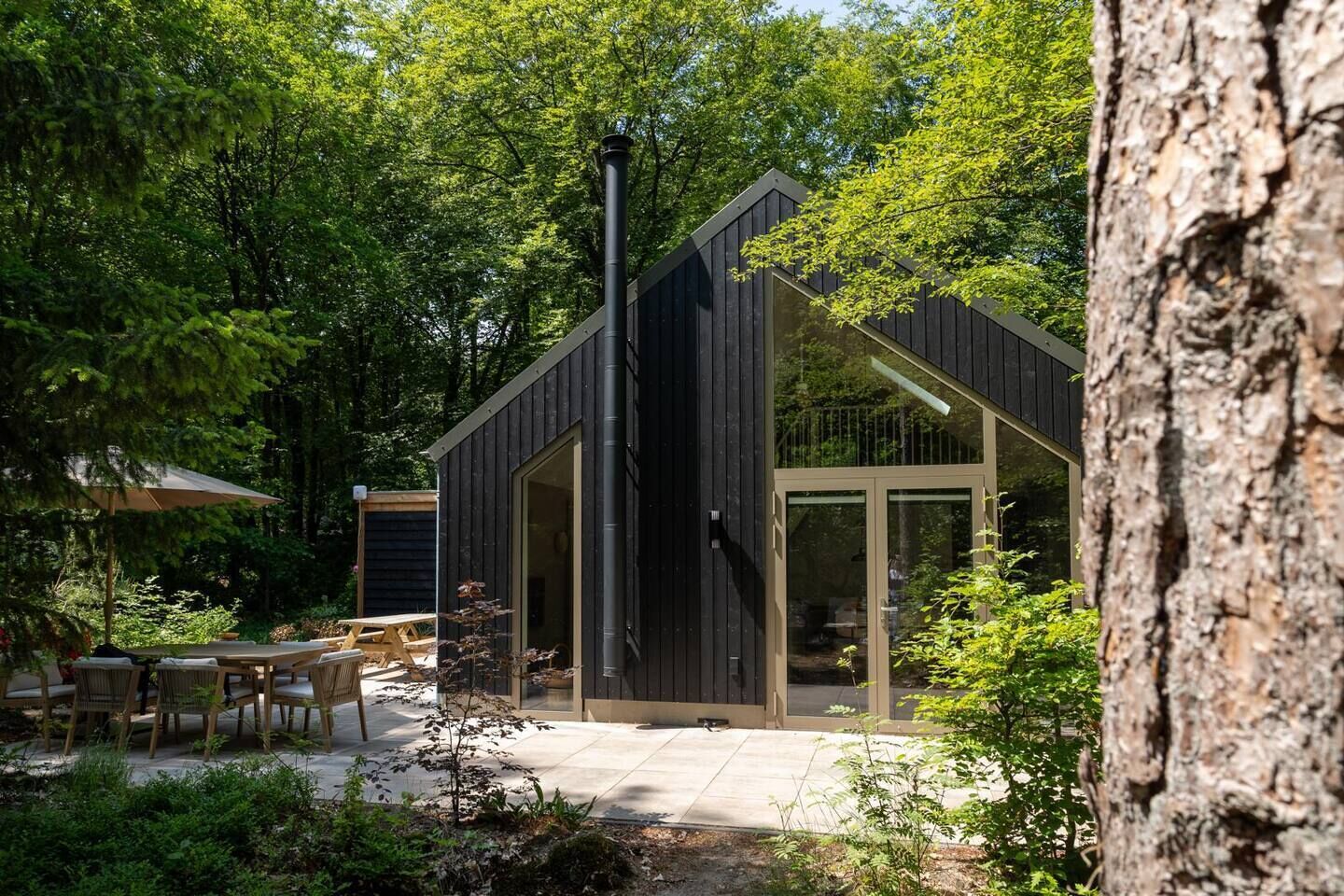 Een moderne houten chalet met een glazen deur, omringd door weelderige begroeiing en een terras met buitenmeubilair.