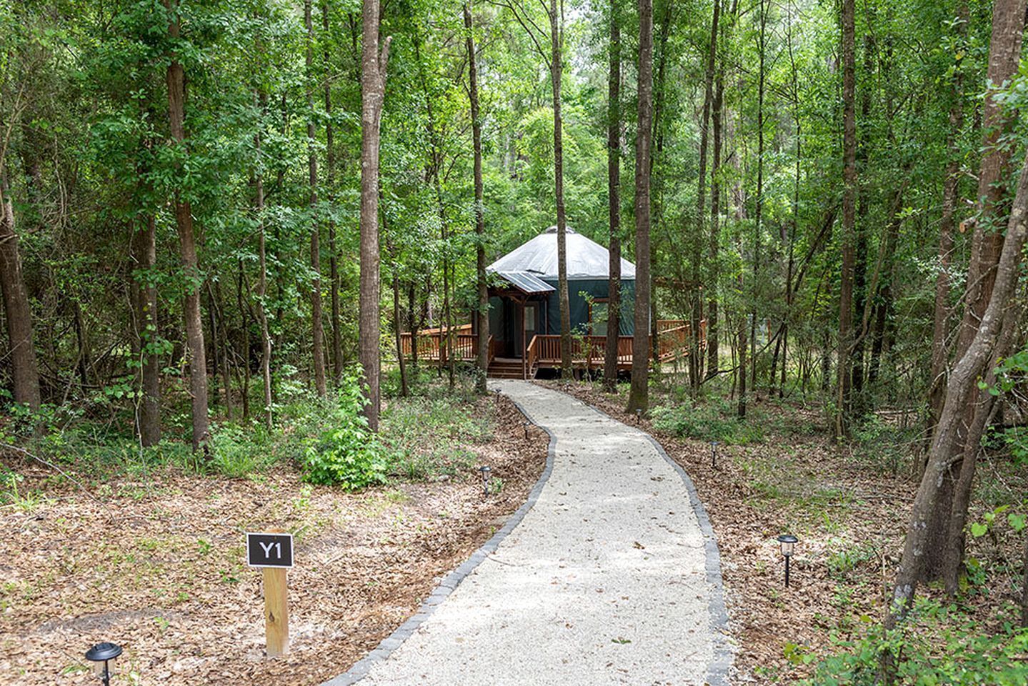 Une zone boisée avec un sentier pavé menant à une structure ressemblant à un chalet.