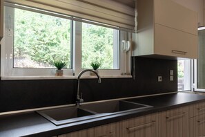Eine moderne Küche mit schwarzem Arbeitsplatz, einer doppelten Spüle und einem Fenster mit Jalousien.