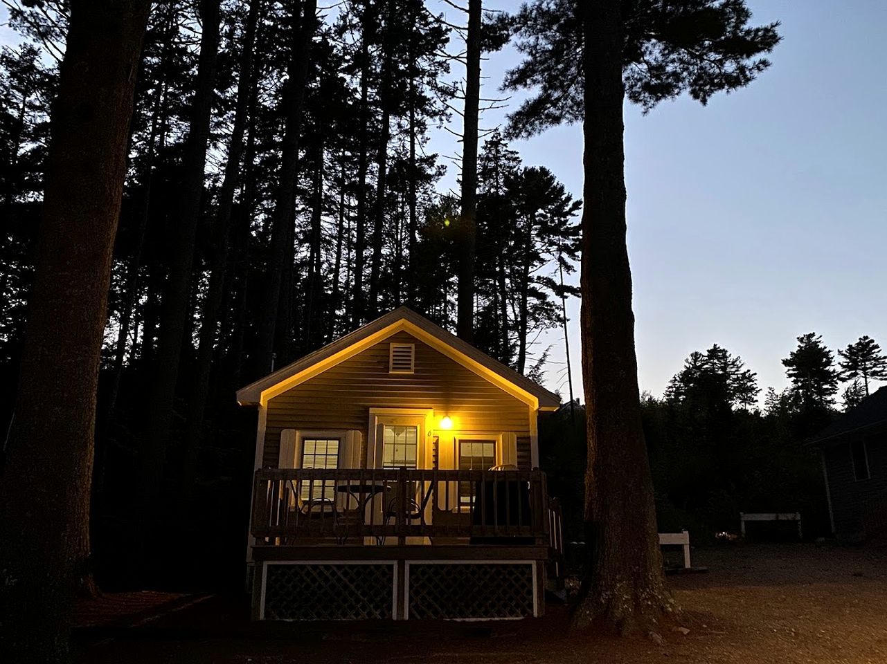 A cabin with a porch, surrounded by tall trees.