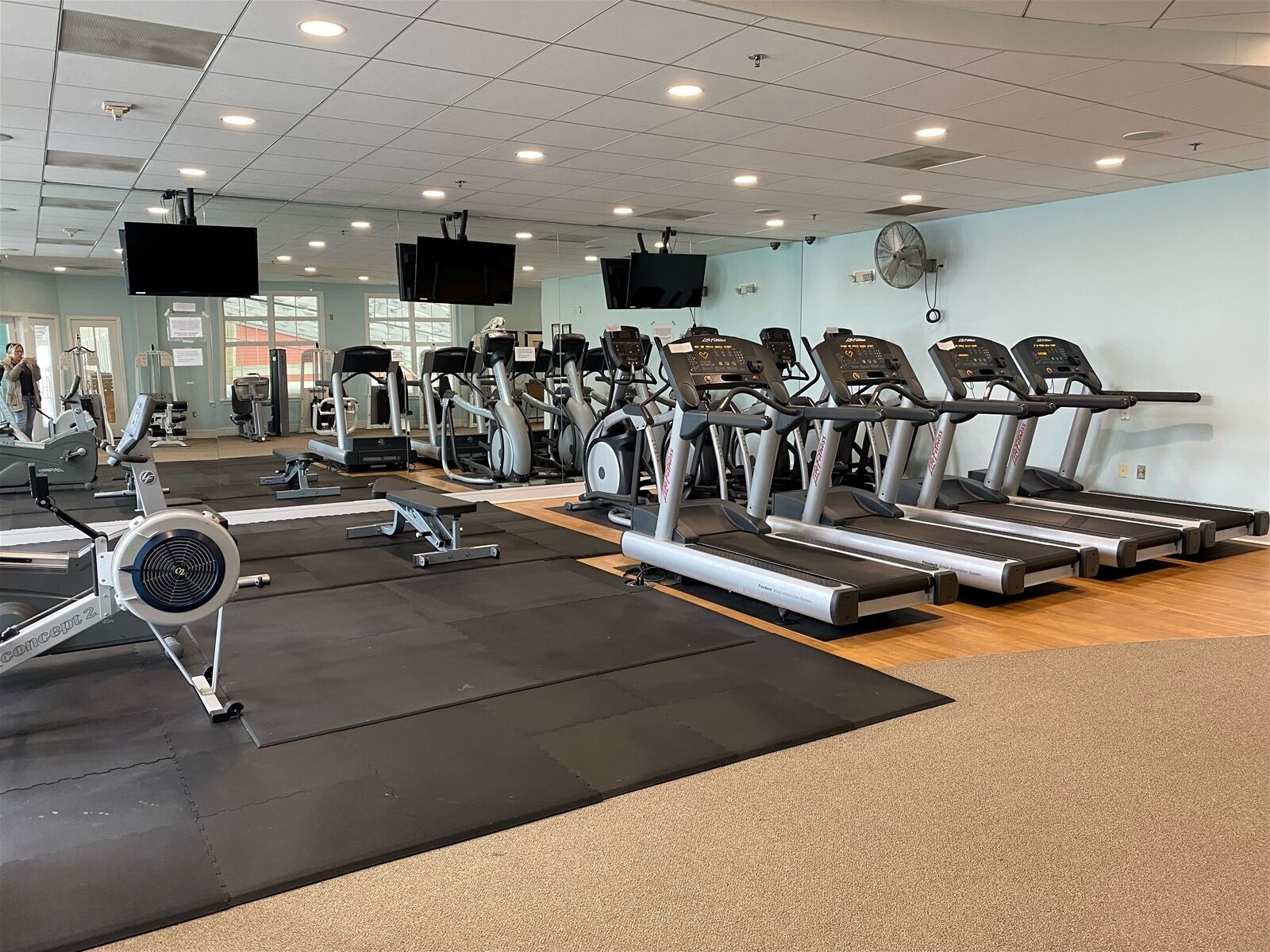 A gym with multiple treadmills, stationary bikes, and rowing machines.