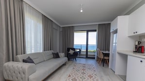 Ein modernes Wohnzimmer mit einer Couch, einem Essbereich und einer Küche.