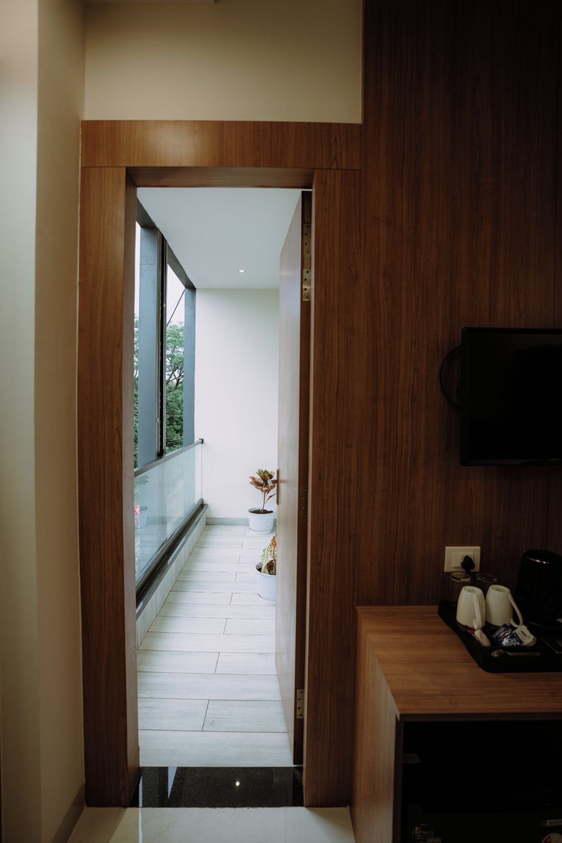 A hallway with a wooden door leading to a balcony with potted plants.