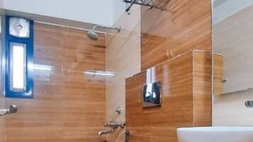 Shower, free toiletries, towels, soap