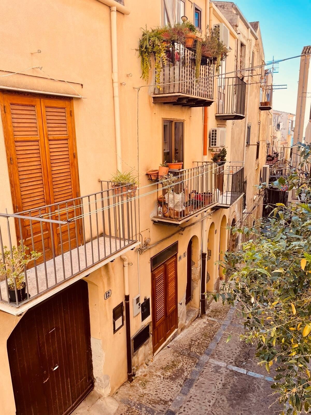 A narrow street with buildings featuring balconies with potted plants, wooden shutters, and a cobblestone path.