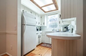 A kitchen with white cabinets, a built-in refrigerator, a window, and a skylight. - Newly Remodeled Cabin with Lake Views & Grill Patio in Rogers, Arkansas (Rogers)