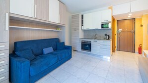 Un espacio habitable pequeño con sofá, kitchenette y puerta que da a otra habitación.