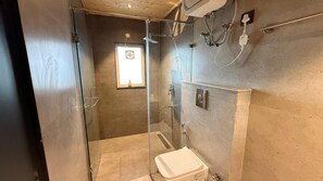 A modern bathroom with a glass-enclosed shower, a toilet, and a sink.
