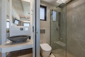 Ein modernes Badezimmer mit einem Becken aus Stein, einer Toilette und einer Duschkabine.