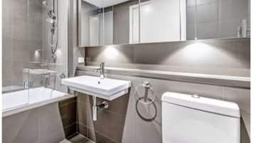 Hair dryer, towels, soap, toilet paper