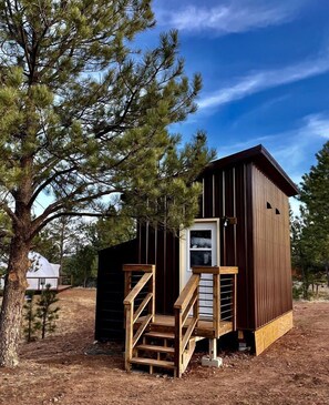 Une petite cabane en bois, de plain-pied, avec un escalier menant à une porte, le tout entouré d’arbres.