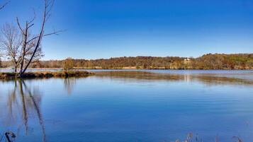 Un lago sereno con árboles y cielo despejado.