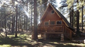 Una cabaña con terraza de madera, cimientos de piedra y techo triangular, rodeada de un bosque.