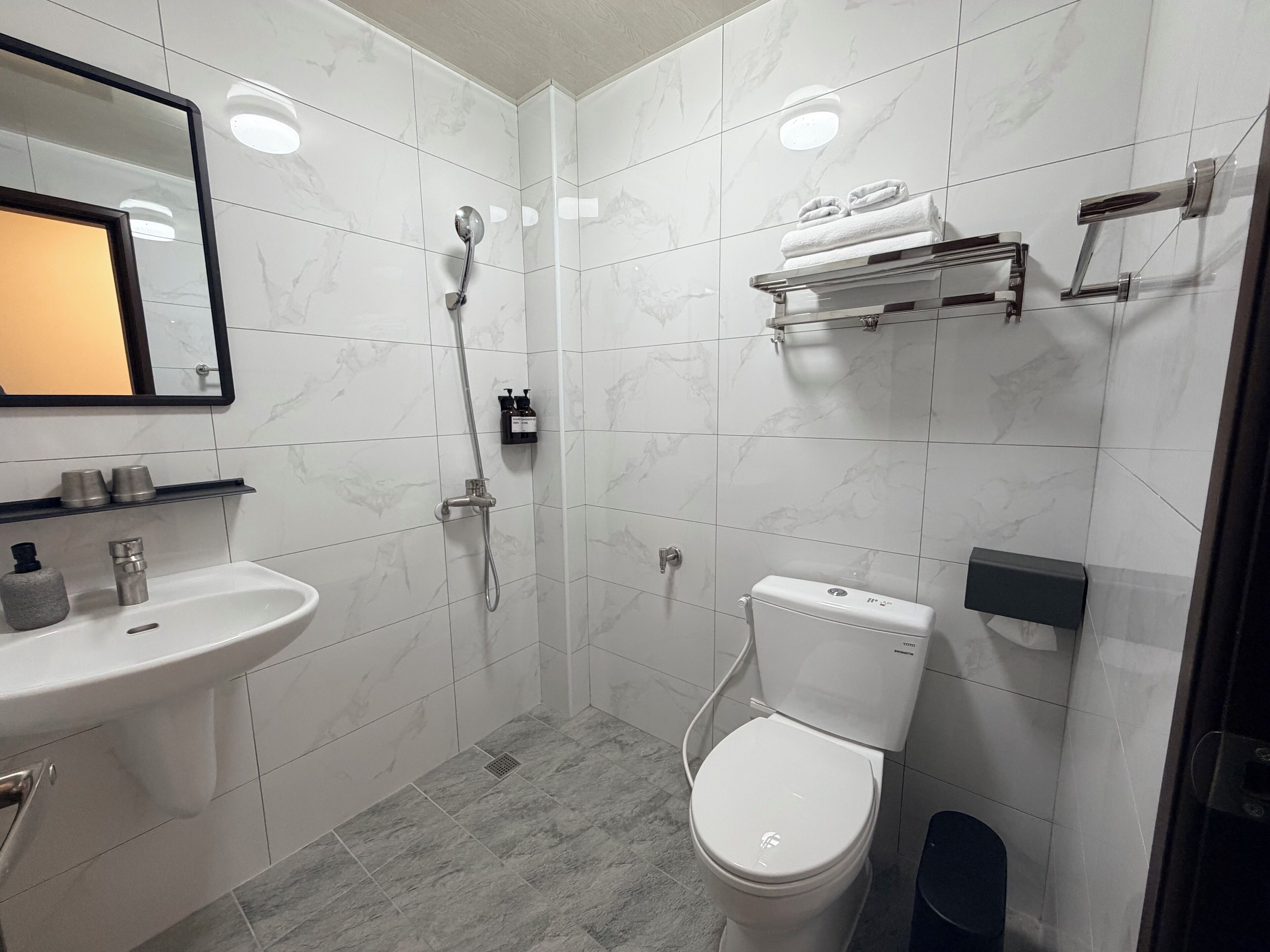 A bathroom with a white sink, a toilet, a shower, and a mirror.
