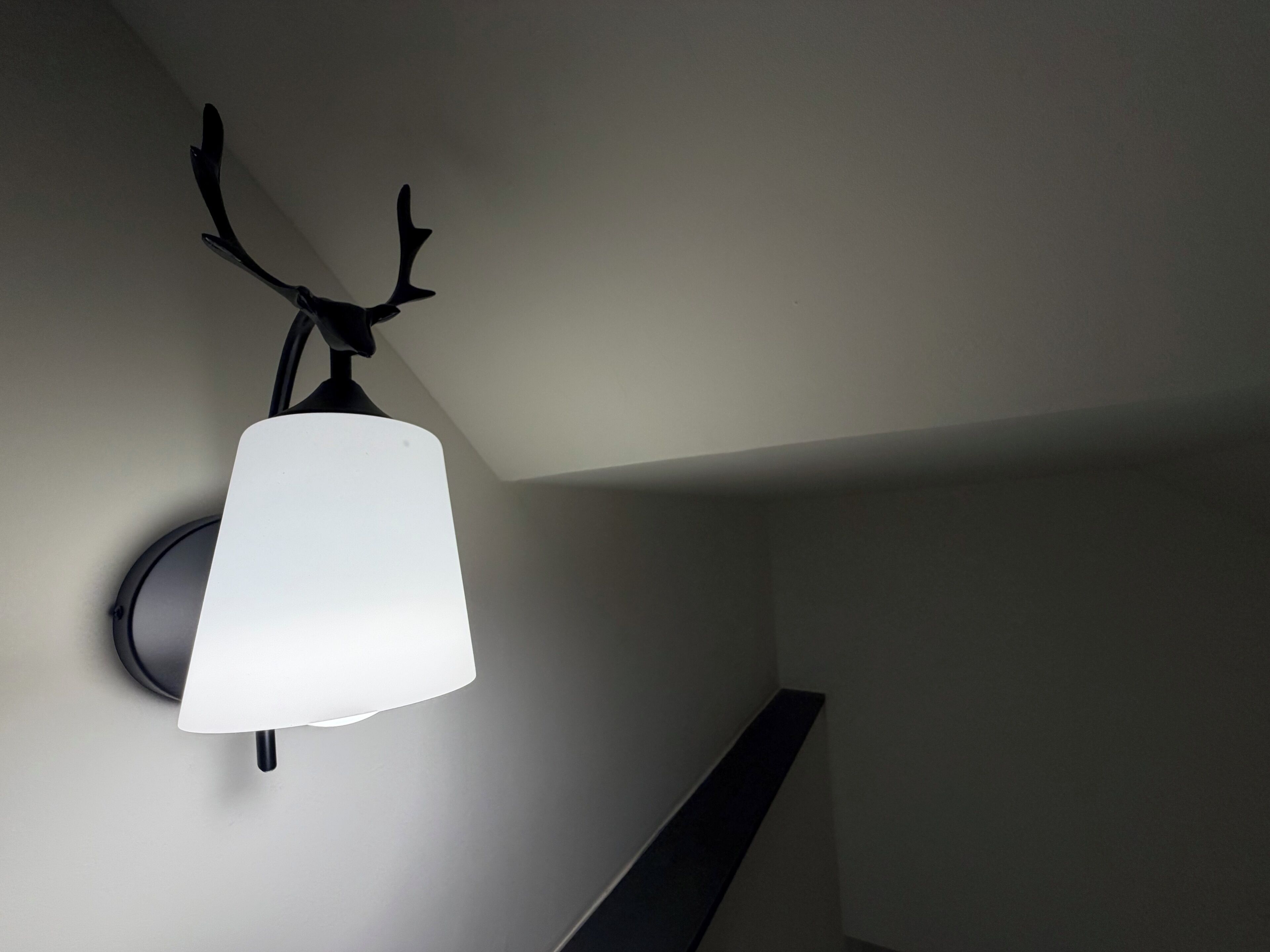 A wall-mounted light fixture with a white shade and a black accent.