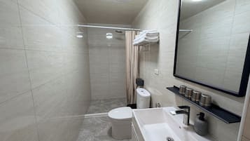 A modern bathroom with a shower, toilet, and sink, featuring a large mirror and tiled walls.