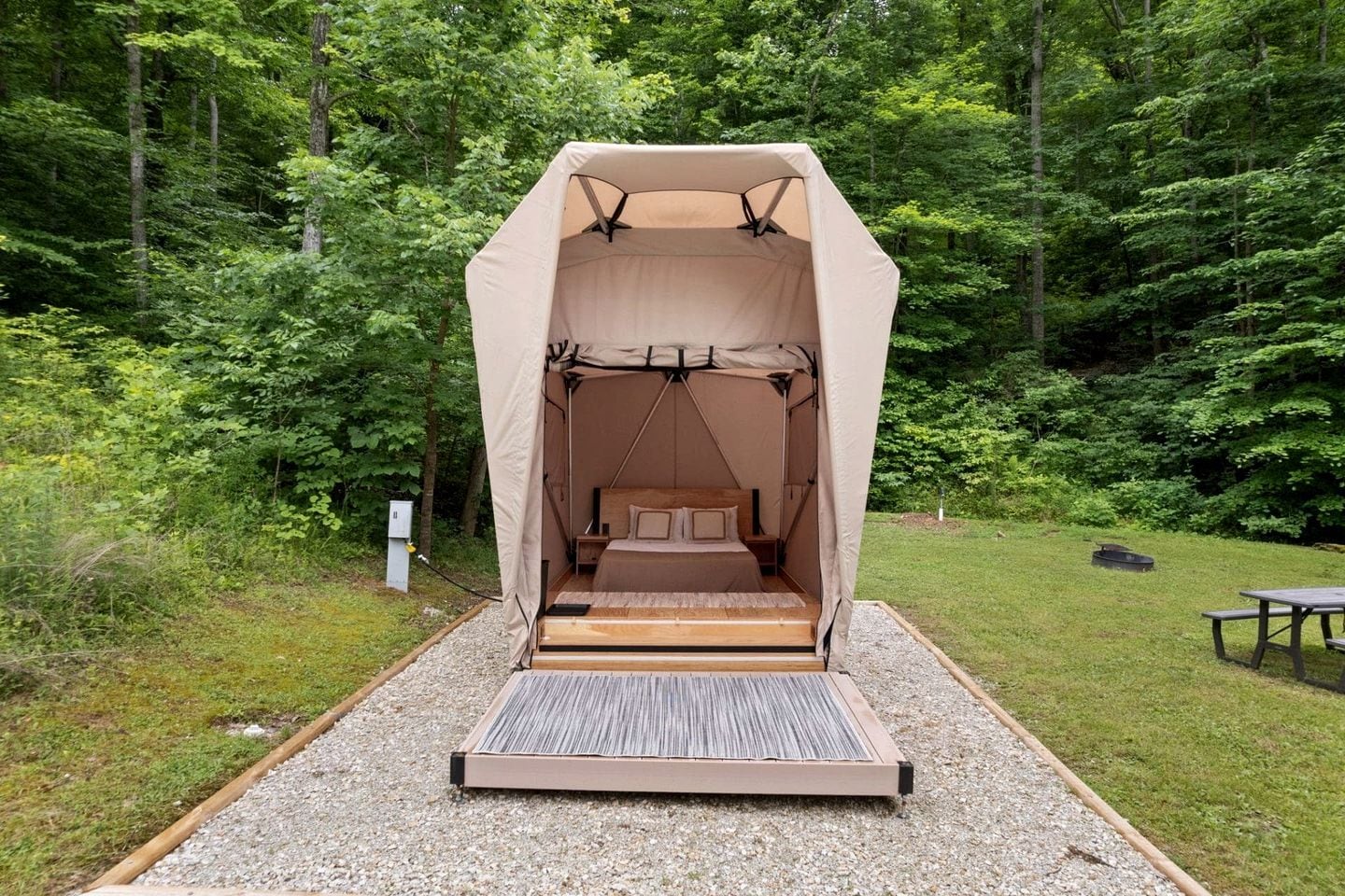 A tent with a bed inside, surrounded by a forest.