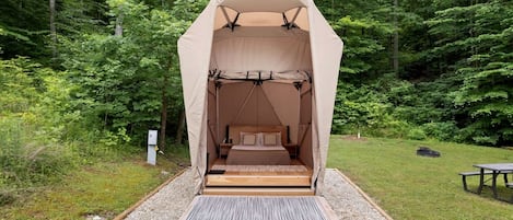 A tent with a bed inside, surrounded by a forest.