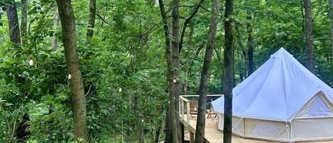 Une tente installée dans une forêt, avec une terrasse en bois et un chemin circulaire pavé de pierres.
