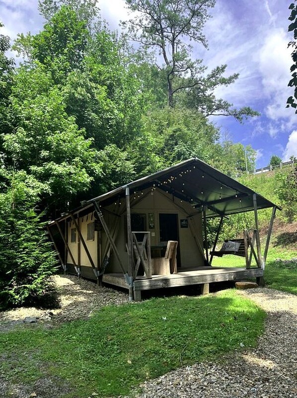 Un chalet rustique doté d’un porche abrité, entouré d’une végétation luxuriante.