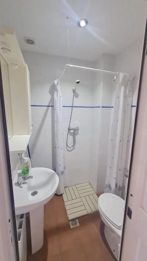 A small bathroom with a shower, toilet, and sink. - ALBERGUE LA TIÑOSA (PRIEGO DE CÓRDOBA)