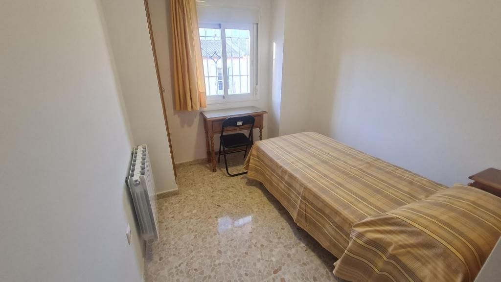 Una habitación pequeña con cama, escritorio y radiador.