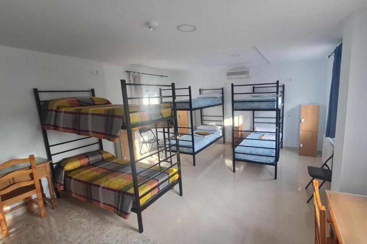 A dormitory room with bunk beds, a desk, and a chair.