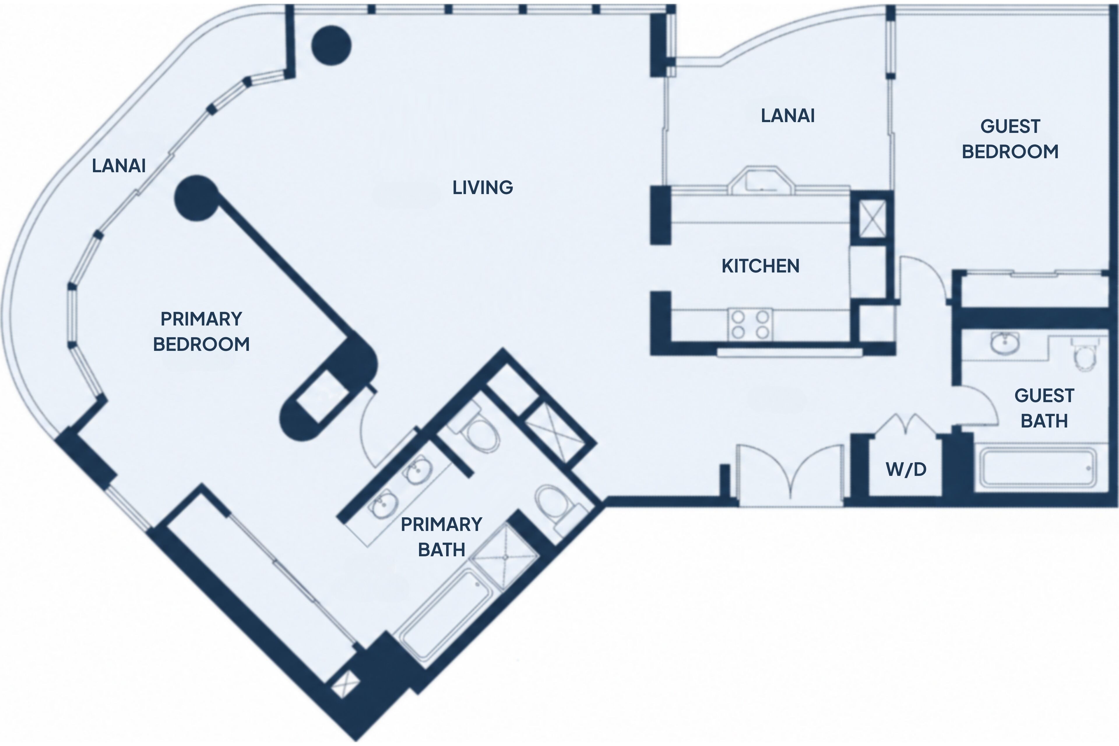 A hotel floor plan with a primary bedroom, living area, lanai, kitchen, guest bedroom, guest bathroom, and W/D room.