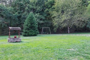 Un champ herbeux avec une balançoire et une structure en bois.