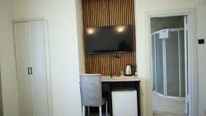 A hotel room with a desk, chair, television, and a shower area.
