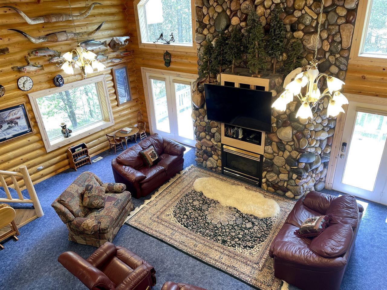 TV, fireplace, video library