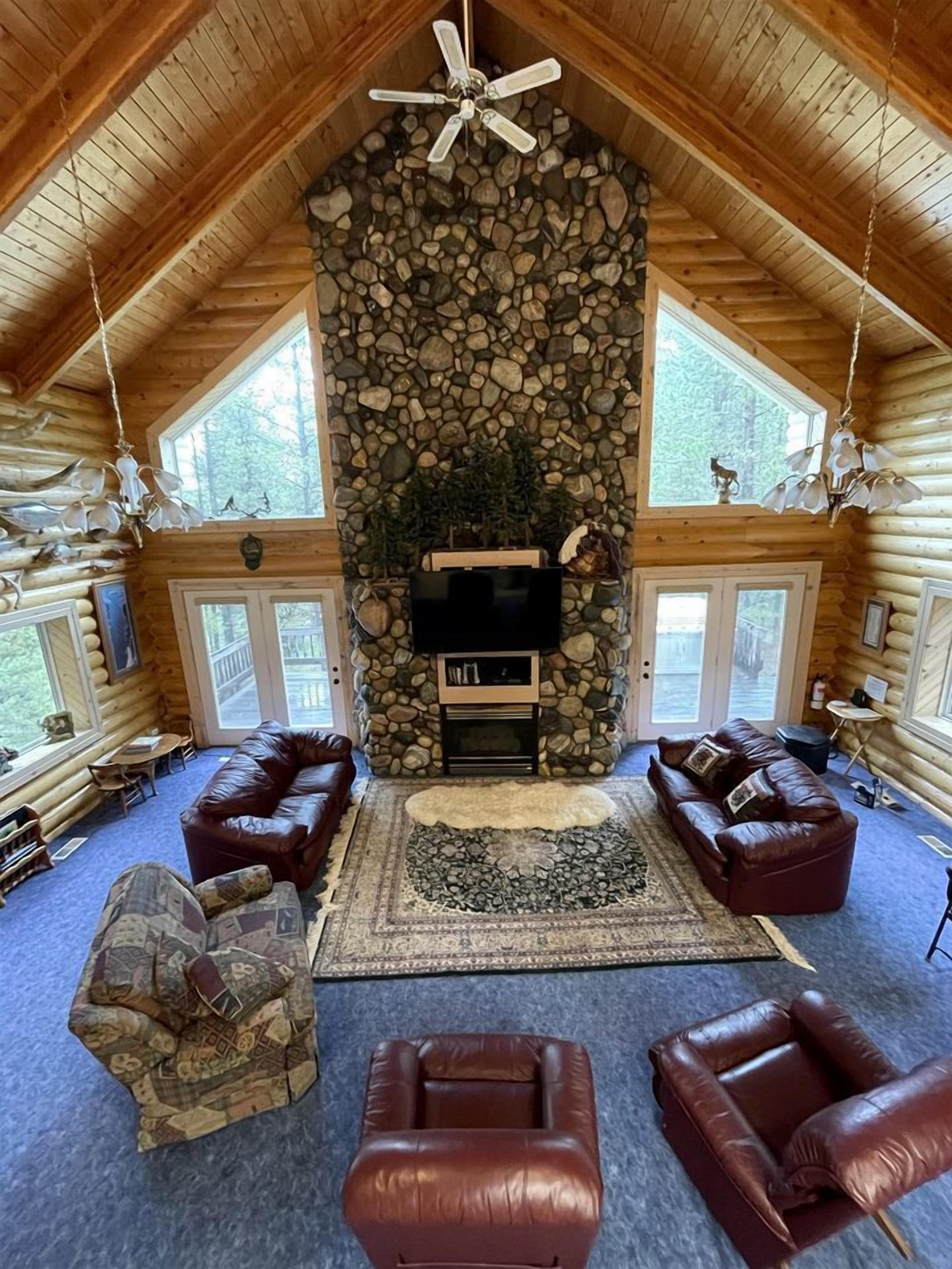 TV, fireplace, video library