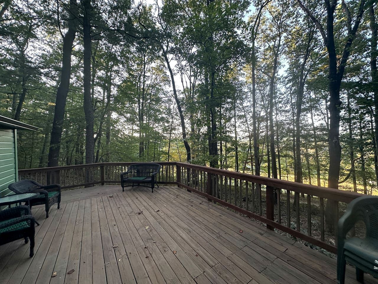 Une terrasse en bois avec une rambarde, entourée d’arbres.