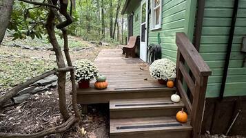 A wooden deck leading to a green house with steps, surrounded by trees and potted plants.